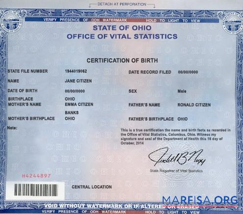 Printable USA Ohio state birth certificate template in PSD format